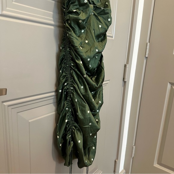 For Love & Lemons Paula Ruched Midi Dress Size XS Green Polka Dot - Picture 5 of 7